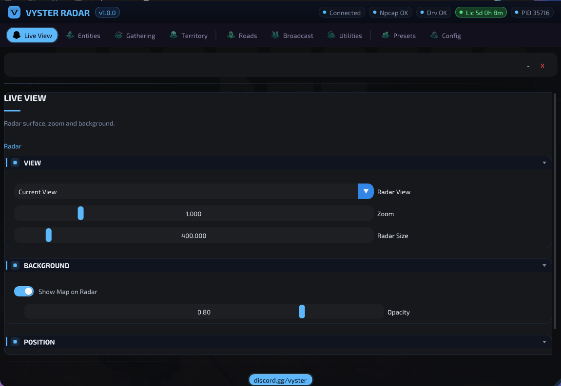 Vyster Radar — memory-view map with live entities