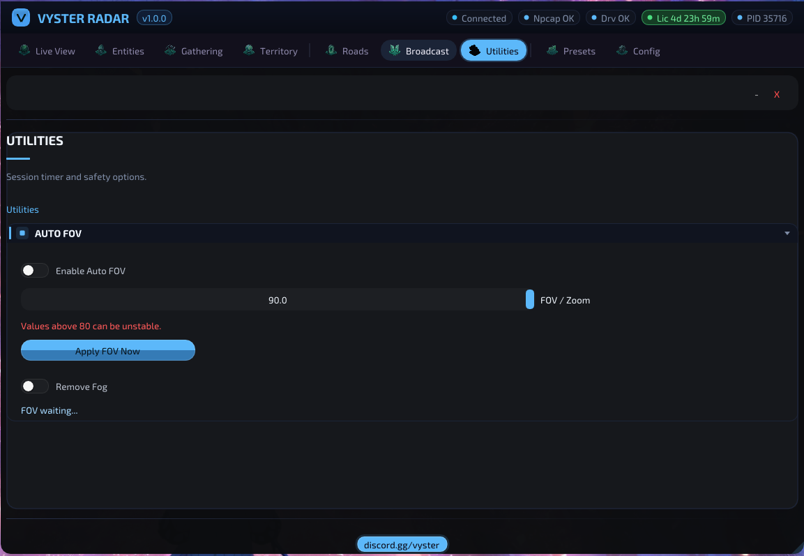 Vyster Radar — settings and world options